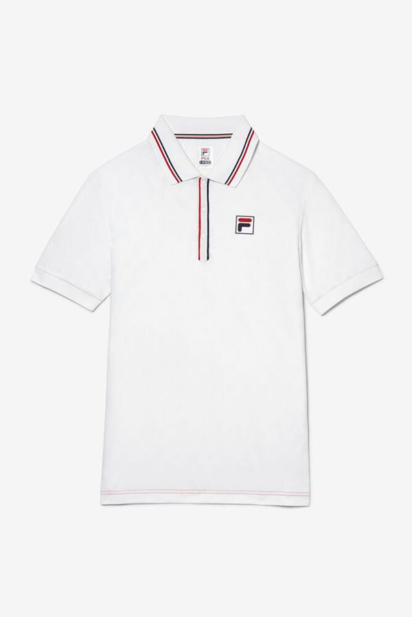 Camisas Polo Fila Hombre Blancas / Rojas / Azul Marino - Short Sleeve Tennis Jacquard - España 53294